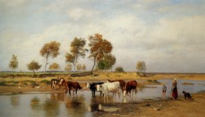 Cows at the Watering Place Oil painting by Eugen Jettel