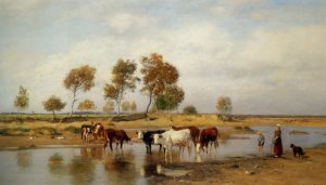 Cows at the Watering Place by Eugen Jettel Oil Painting