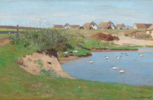 Farmhouses and a duck pond in Staatz by Eugen Jettel Oil Painting