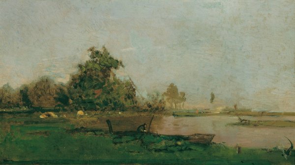 Flusslandschaft Mit Boot  by Eugen Jettel - Hand-Painted Oil Painting Reproduction