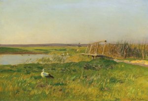 Fruhlingslandschaft mit Storchen an einem Weiher Oil painting by Eugen Jettel