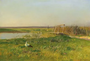 Fruhlingslandschaft mit Storchen an einem Weiher by Eugen Jettel Oil Painting