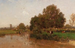 River Landscape with Cows Resting by Eugen Jettel Oil Painting