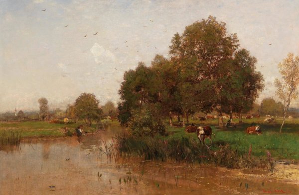 River Landscape with Cows Resting by Eugen Jettel - Hand-Painted Oil Painting Reproduction