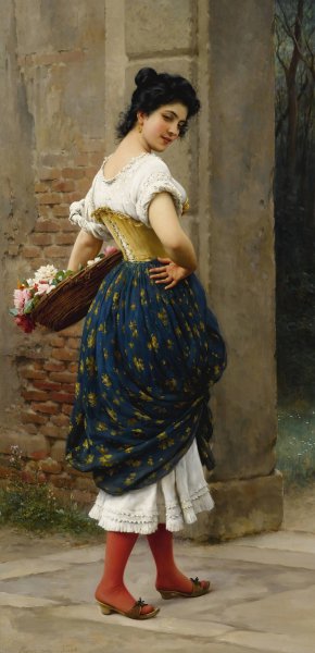 A Maiden With A Basket Of Roses by Eugen Von Blaas Oil Painting