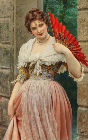 A Young Lady with a Red Fan by Eugen Von Blaas Oil Painting