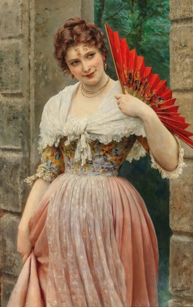 Main Product Photo of A Young Lady with a Red Fan  Painting by Eugen Von Blaas