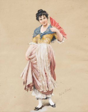 A Young Lady with a Red Fan by Eugen Von Blaas Oil Painting