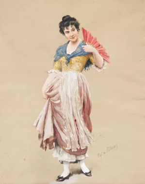 A Young Lady with a Red Fan by Eugen Von Blaas Oil Painting