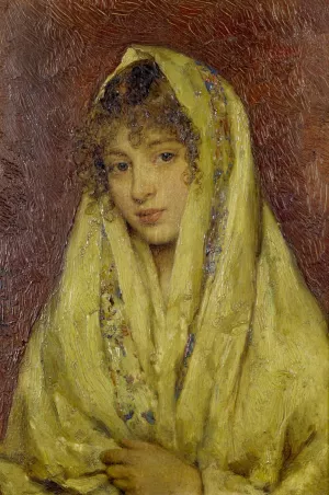 Girl In A Yellow Shawl Oil painting by Eugen Von Blaas