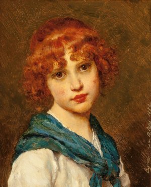 Girl with a blue scarf by Eugen Von Blaas Oil Painting