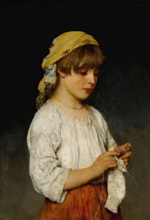 Knitting Girl With Headscarf by Eugen Von Blaas Oil Painting