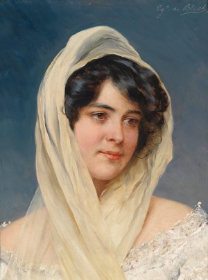 Portrait of a young lady with a veil by Eugen Von Blaas Oil Painting