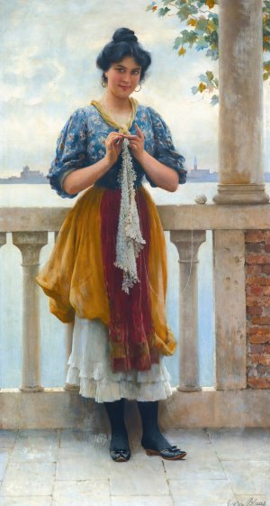 Young Girl Before The Lagoon, Venice by Eugen Von Blaas Oil Painting
