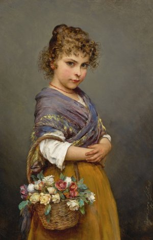 Young Girl With A Basket Of Flowers by Eugen Von Blaas Oil Painting