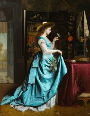 Young Lady With a Parrot by Eugene Accard Oil Painting