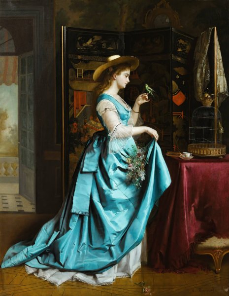Young Lady With a Parrot by Eugene Accard - Hand-Painted Oil Painting Reproduction
