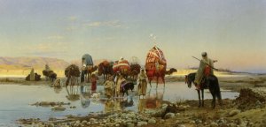 Arab Caravan Crossing a Ford by Eugene-Alexis Girardet Oil Painting