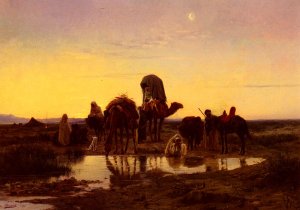 Camel Train by an Oasis at Dawn