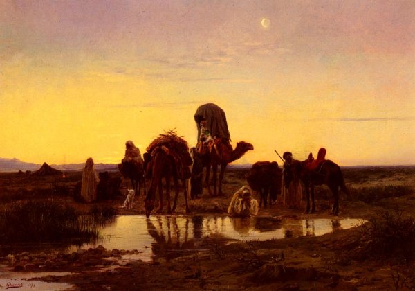 Main Product Photo of Camel Train by an Oasis at Dawn Painting by Eugene-Alexis Girardet
