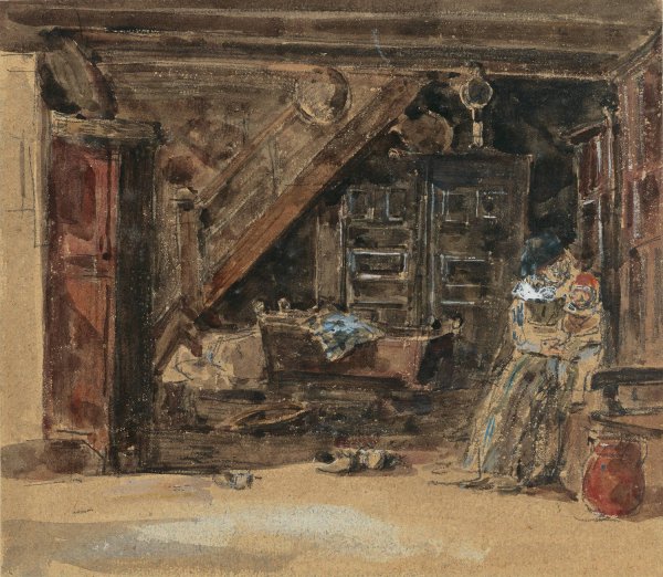 Interieur breton aquarelle  by Eugene Boudin - Hand-Painted Oil Painting Reproduction