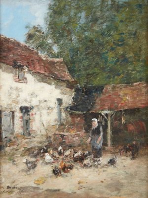 La Provende des Poules by Eugene Boudin Oil Painting