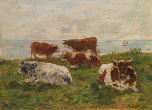 Vaches Au Pre Au Bord De La Me by Eugene Boudin Oil Painting
