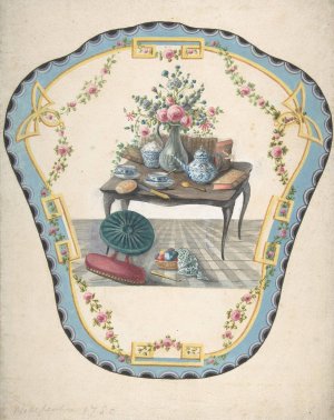 Design for a Firescreen with a Table with a Vase of Flowers, Books, and Teapot by Eugene Charpentier Oil Painting