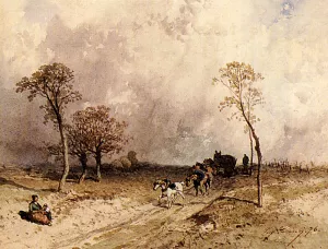 A Team Of Horses Pulling A Cart On A Path painting by Eugene Ciceri