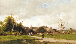 Figures On The Outskirts Of A Village by Eugene Ciceri Oil Painting