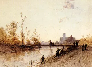 Fishing On The Banks Of A River by Eugene Ciceri - Oil Painting Reproduction