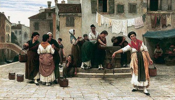 At the Well by Eugene De Blaas - Hand-Painted Oil Painting Reproduction