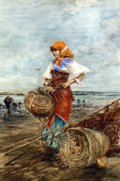 Gathering Cockles at the Seashore by Eugene De Blaas - Hand-Painted Oil Painting Reproduction