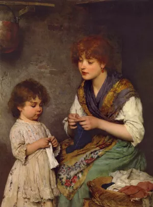 The Knitting Lesson by Eugene De Blaas - Oil Painting Reproduction