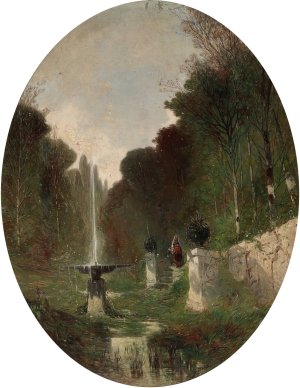 Romantic Landscape with Fountain by Eugene Deshayes Oil Painting