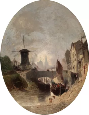 Romantic Landscape with Windmill by Eugene Deshayes Oil Painting