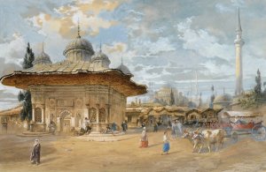 The Fountain Of Sultan Ahmed III, Constantinople by Eugene Flandin Oil Painting