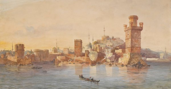 View of Rhodes  by Eugene Flandin - Hand-Painted Oil Painting Reproduction