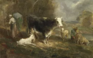 Farmyard with Cattle by Eugene Fromentin-Dupeux Oil Painting