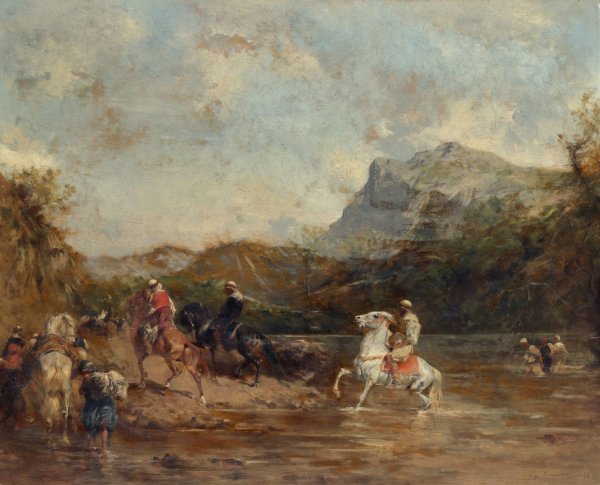 Arabs Crossing a Ford  by Eugene Fromentin - Hand-Painted Oil Painting Reproduction