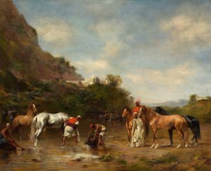 Arabs watering their horses by Eugene Fromentin Oil Painting