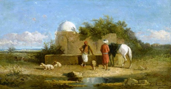 Bergers dans une Oasis (Herdsmen at an Oasis) by Eugene Fromentin - Hand-Painted Oil Painting Reproduction