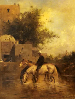 Horses Watering in a River by Eugene Fromentin - Oil Painting Reproduction