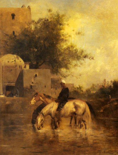 Horses Watering in a River by Eugene Fromentin - Hand-Painted Oil Painting Reproduction