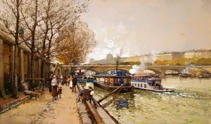 Along the Seine River painting by Eugene Galien-Laloue