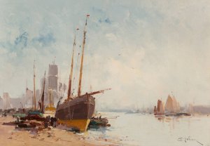 Bateaux au port by Eugene Galien-Laloue Oil Painting