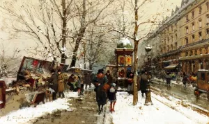 Bookstalls in Winter by Eugene Galien-Laloue - Oil Painting Reproduction