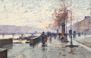Figures at the Quai de Louvre, Paris by Eugene Galien-Laloue Oil Painting