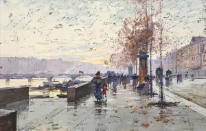 Figures at the Quai de Louvre, Paris Oil painting by Eugene Galien-Laloue