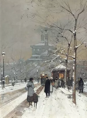 Figures in the Snow, Paris by Eugene Galien-Laloue - Oil Painting Reproduction